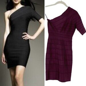 Herve Leger One Shoulder Short Sleeve Plum Purple Bandage Mini Dress Women's XS